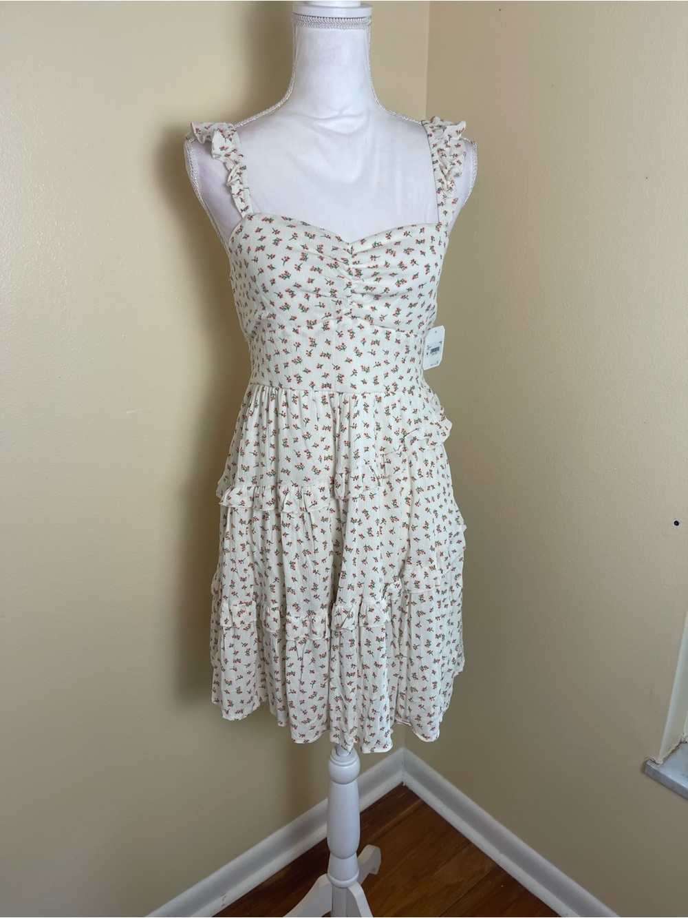 Coquette Floral Ruffle Mini Dress Tiered Cottagecore Tie Back Cutout Sundress M - Picture 5 of 16
